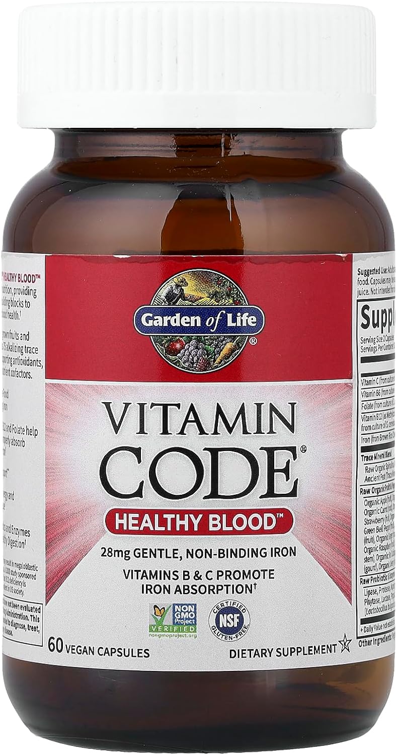  Garden of Life Vitamin Code Raw Iron Supplement bottle, 60 capsules.