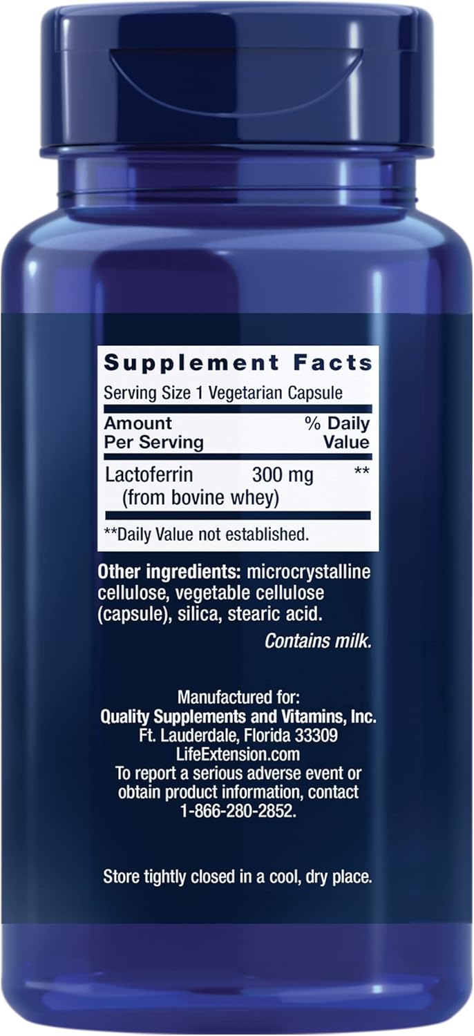 Supplement facts for Life Extension Lactoferrin showing 300mg dosage.