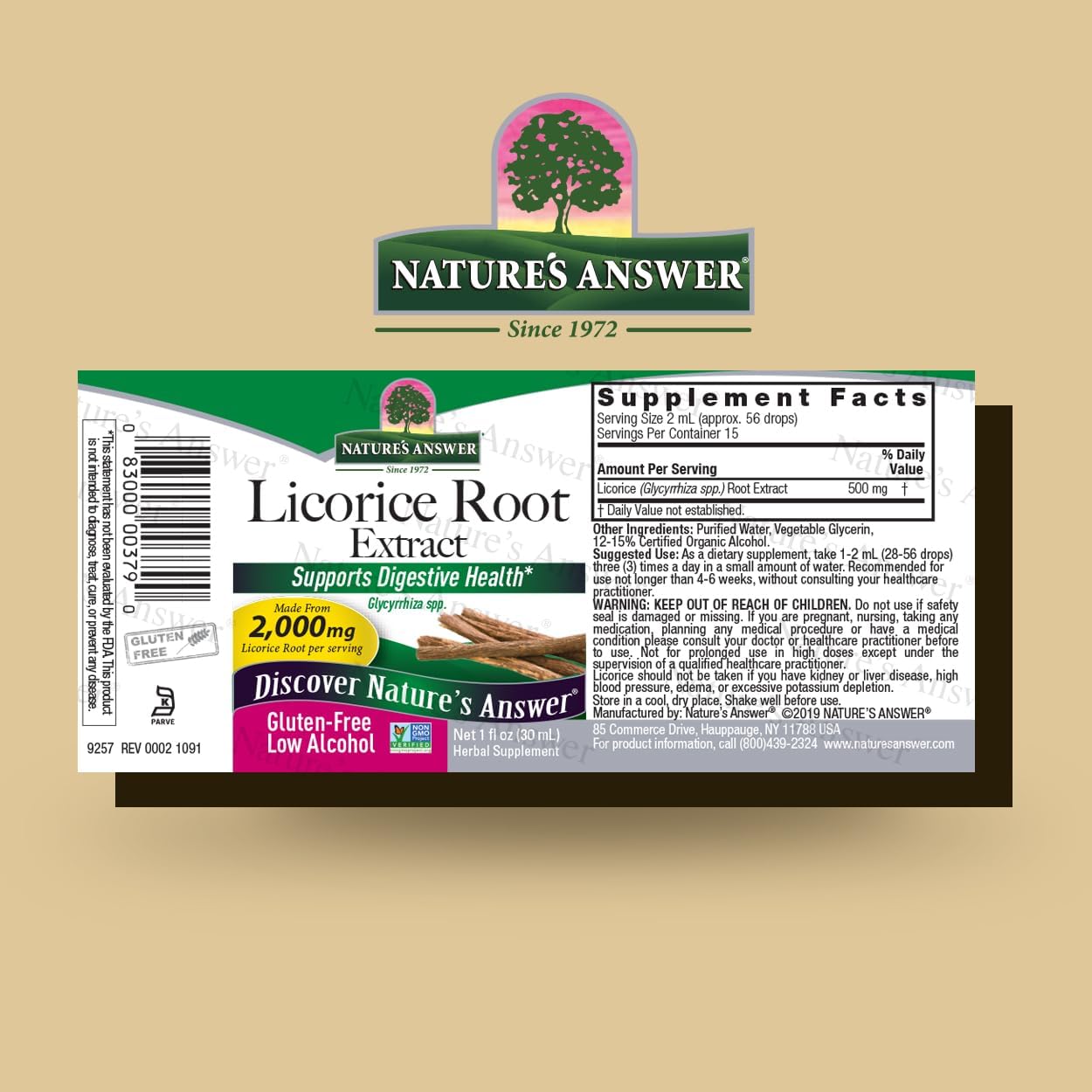 Nature's Answer Licorice Root Extract supplement label on a beige background