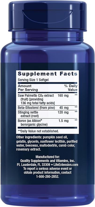 Life Extension PalmettoGuard supplement facts panel and ingredients list.
