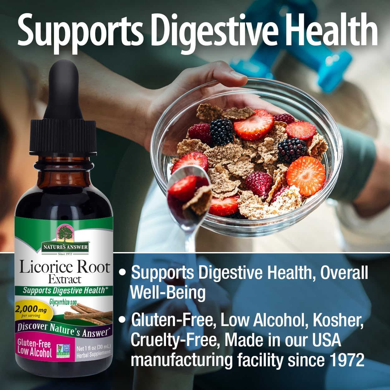 Nature's Answer Licorice Root Extract bottle with a bowl of cereal and berries, promoting digestive health.