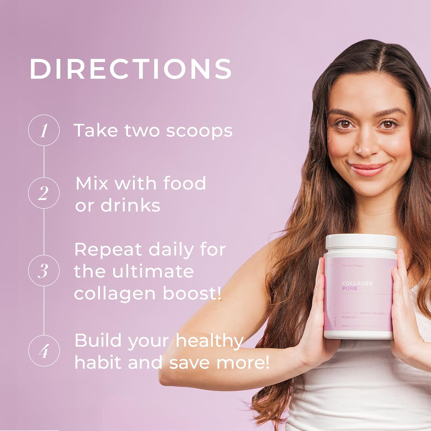 Woman holding a pink supplement container with directions on a light purple background