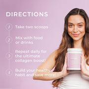Woman holding a pink supplement container with directions on a light purple background