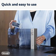 De'Longhi EcoDecalk Mini Coffee Machine Descaler, carton and liquid bottle packaging, unscented formula, 2 x 100ml, descaling directions