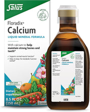 Floradix Calcium Liquid Supplement bottle & box, 250ml, vegan.