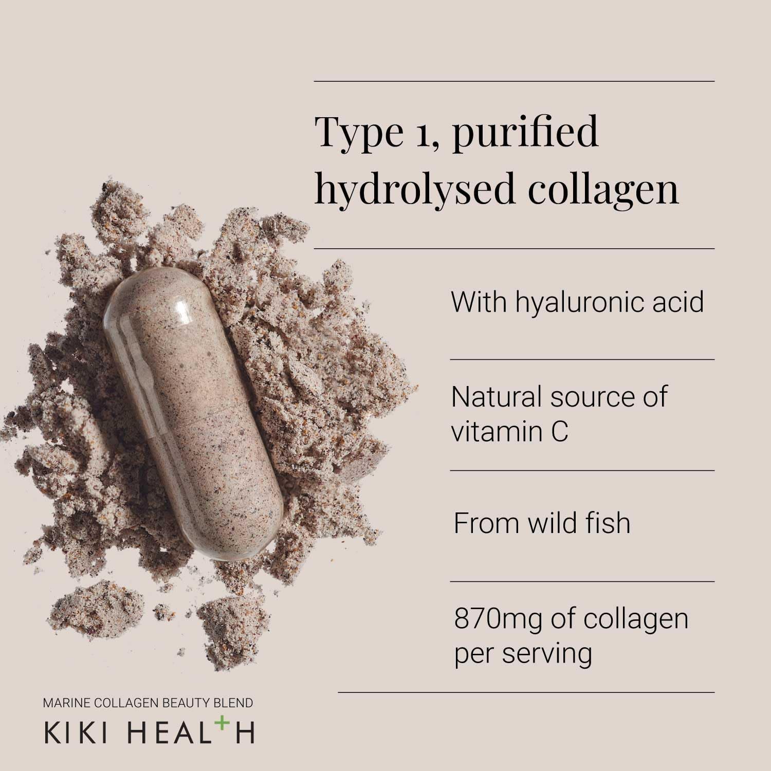 Supplement facts & ingredients image: KIKI Health marine collagen peptides beauty blend ingredient panel bottle 150 count