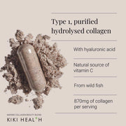 Supplement facts & ingredients image: KIKI Health marine collagen peptides beauty blend ingredient panel bottle 150 count