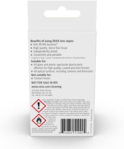 Safety warning label on the back of ZEISS Lens Wipes package & barcode