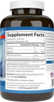 Supplement facts & ingredients image: Carlson Elite EPA Gems omega 3 EPA supplement facts softgels 120 count