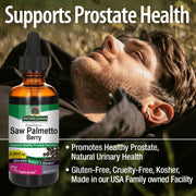 Saw Palmetto Berry supplement bottle with a man lying down in the background, text highlighting prostate health benefits.