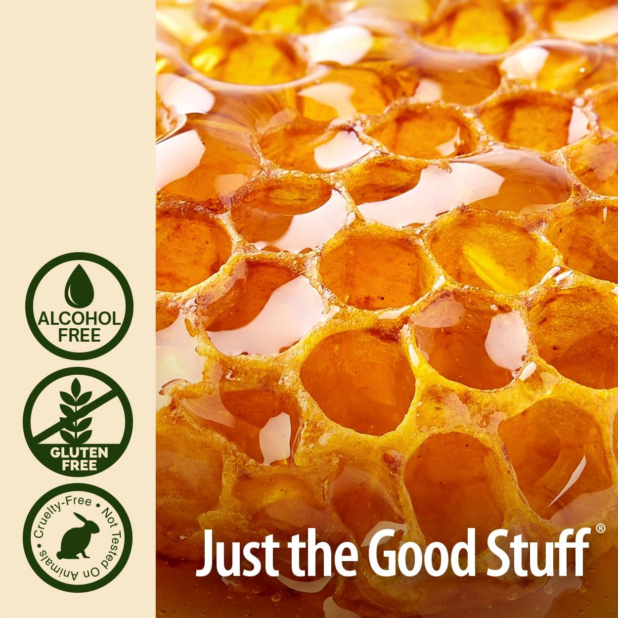 Honeycomb with honey and 'Just the Good Stuff' branding on a beige background