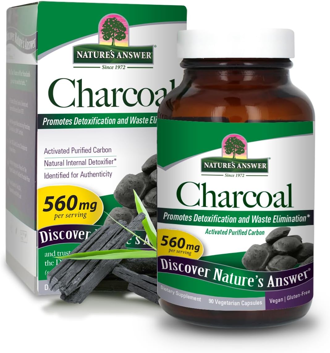 Nature's Answer Activated Charcoal Capsules 90 count vegan supplement front label box & bottle