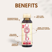 Collagen supplement bottle with benefits listed on a light background