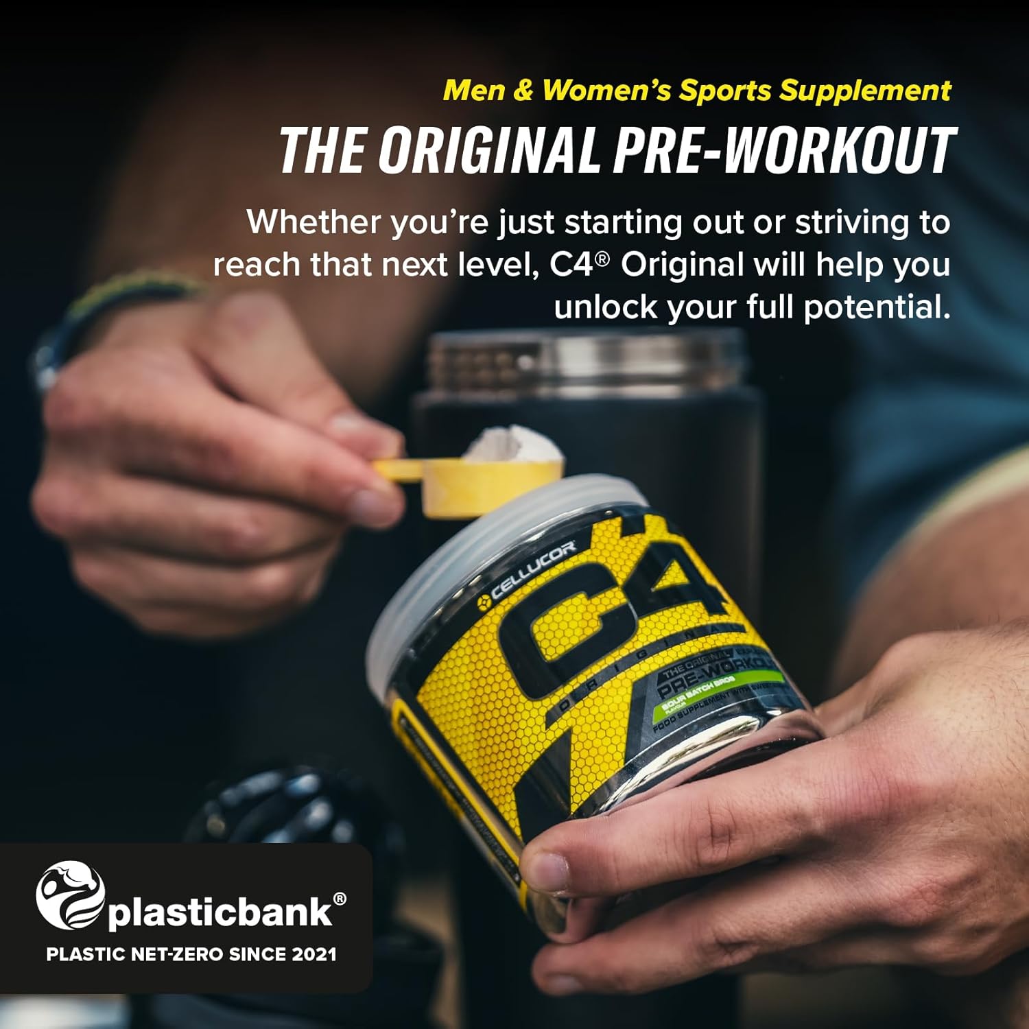 C4 Original pre-workout supplement being opened with promotional text and Plasticbank logo.