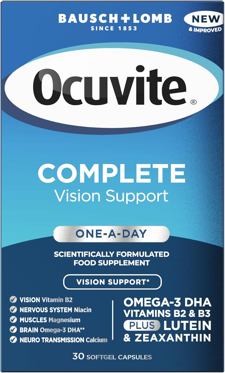 Bausch + Lomb Ocuvite Complete Eye Health Supplement bottle with 30 softgels.