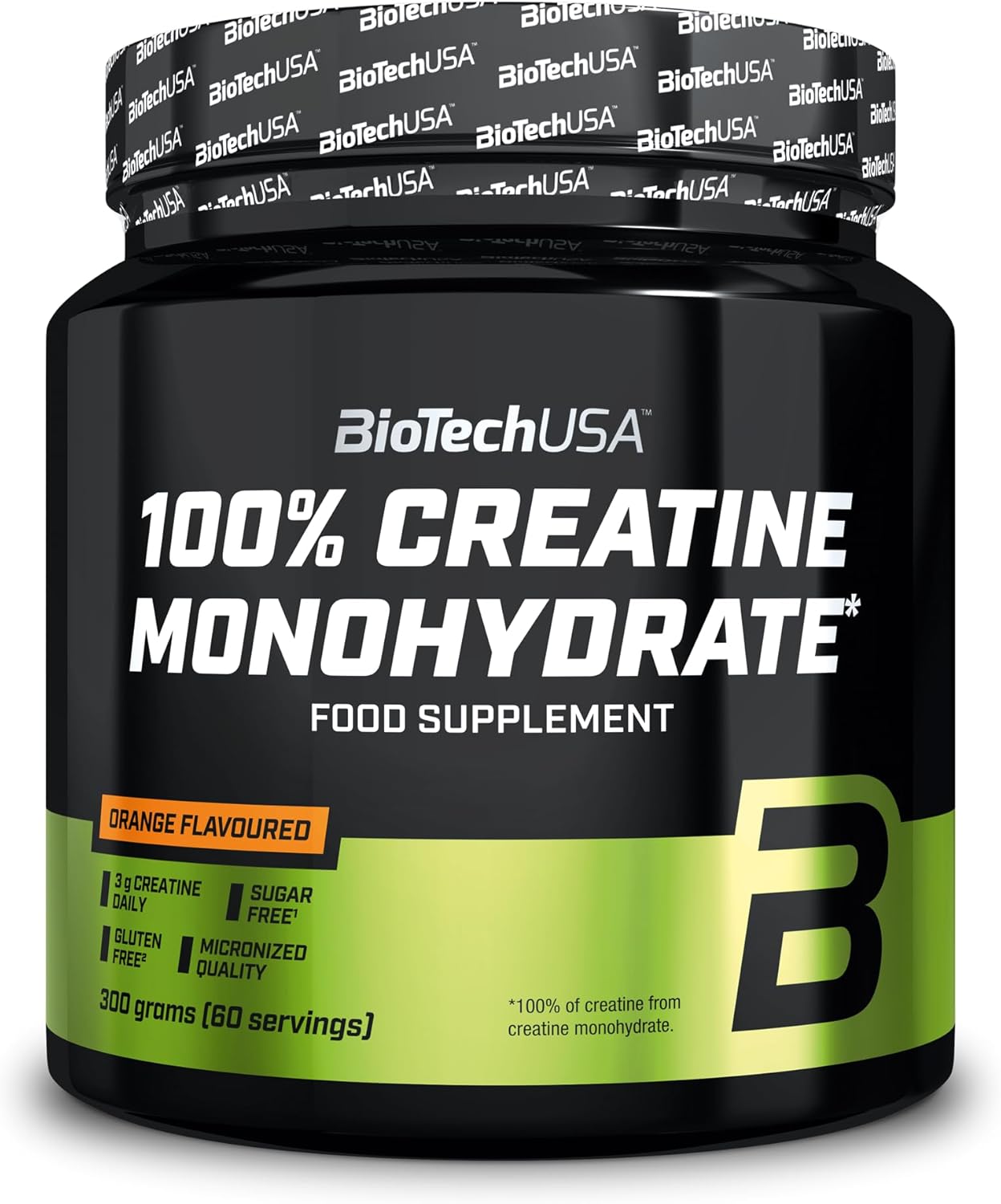 BioTechUSA 100% Creatine Monohydrate orange powder tub drink mix orange flavour 300g quantity