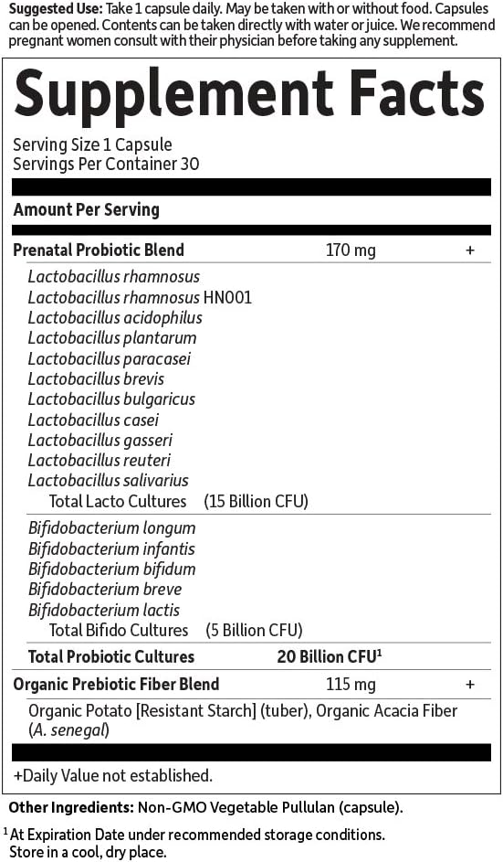 Supplement facts for Prenatal Probiotic with prebiotic fiber.