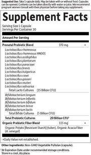 Supplement facts for Prenatal Probiotic with prebiotic fiber.
