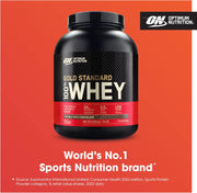 Optimum Nutrition Gold Standard 100% Whey protein powder container on a red background