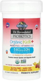 Garden of Life Dr. Formulated Kids+ Probiotic bottle  with strawberry banana 30 chewable tablets.