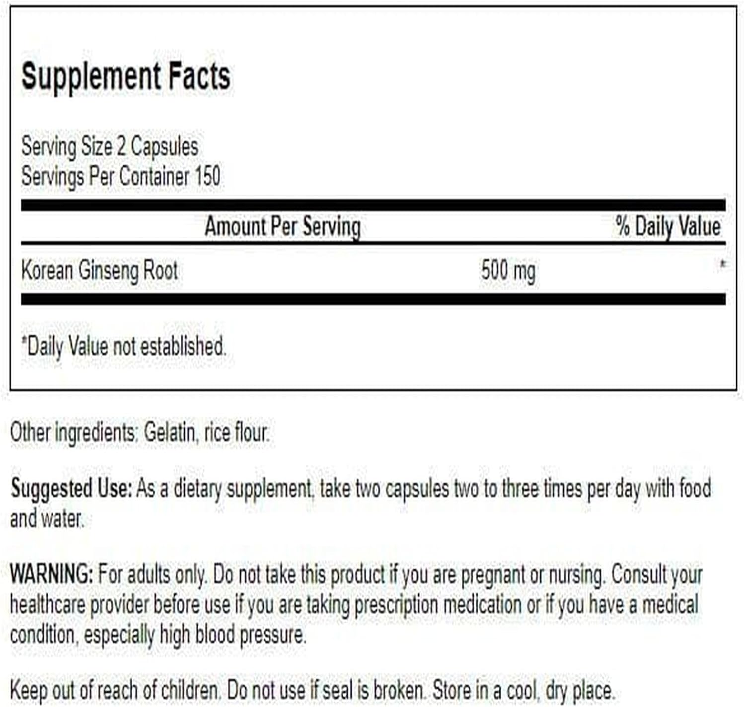 Supplement facts label for Korean Ginseng Root capsules with serving size, servings per container, and other details.