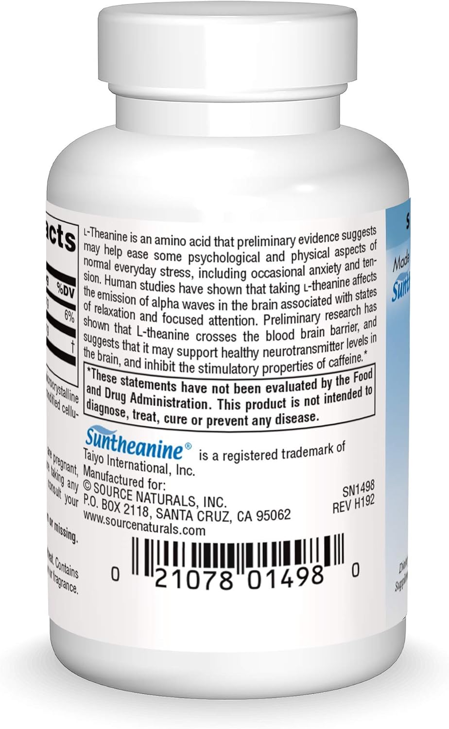 Barcode image: Source Naturals L-Theanine 200mg Suntheanine tablets bottle barcode 30 count