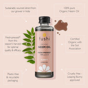 Fushi Organic Neem Oil bottle with product details on a beige background