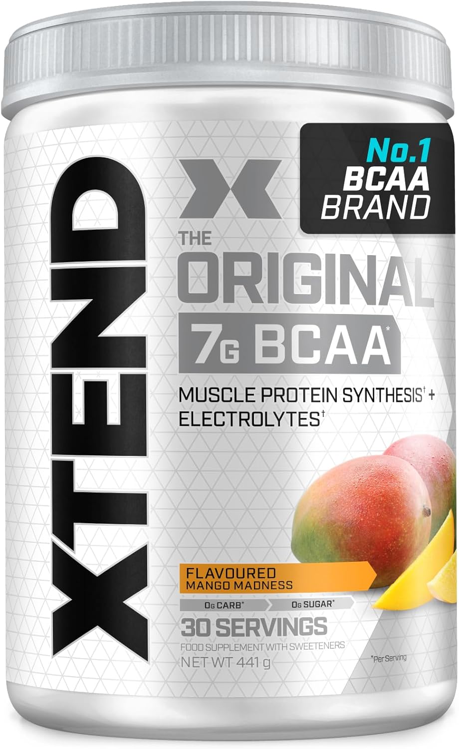 Front image: XTEND Original BCAA Powder Mango Madness tub powder 441g 30 servings