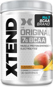 Front image: XTEND Original BCAA Powder Mango Madness tub powder 441g 30 servings