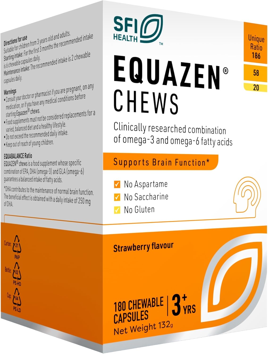 Box of SFI Health Equazen Chews supplement with orange and white design.