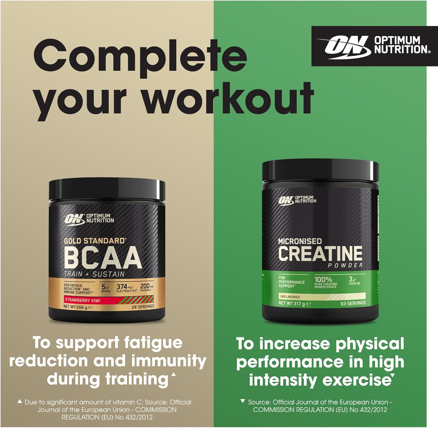 Optimum Nutrition BCAA and Creatine powder containers with promotional text on a two-tone background.