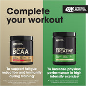 Optimum Nutrition BCAA and Creatine powder containers with promotional text on a two-tone background.