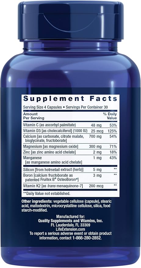 Supplement facts and usage instructions for Life Extension Bone Maintain capsule formula.