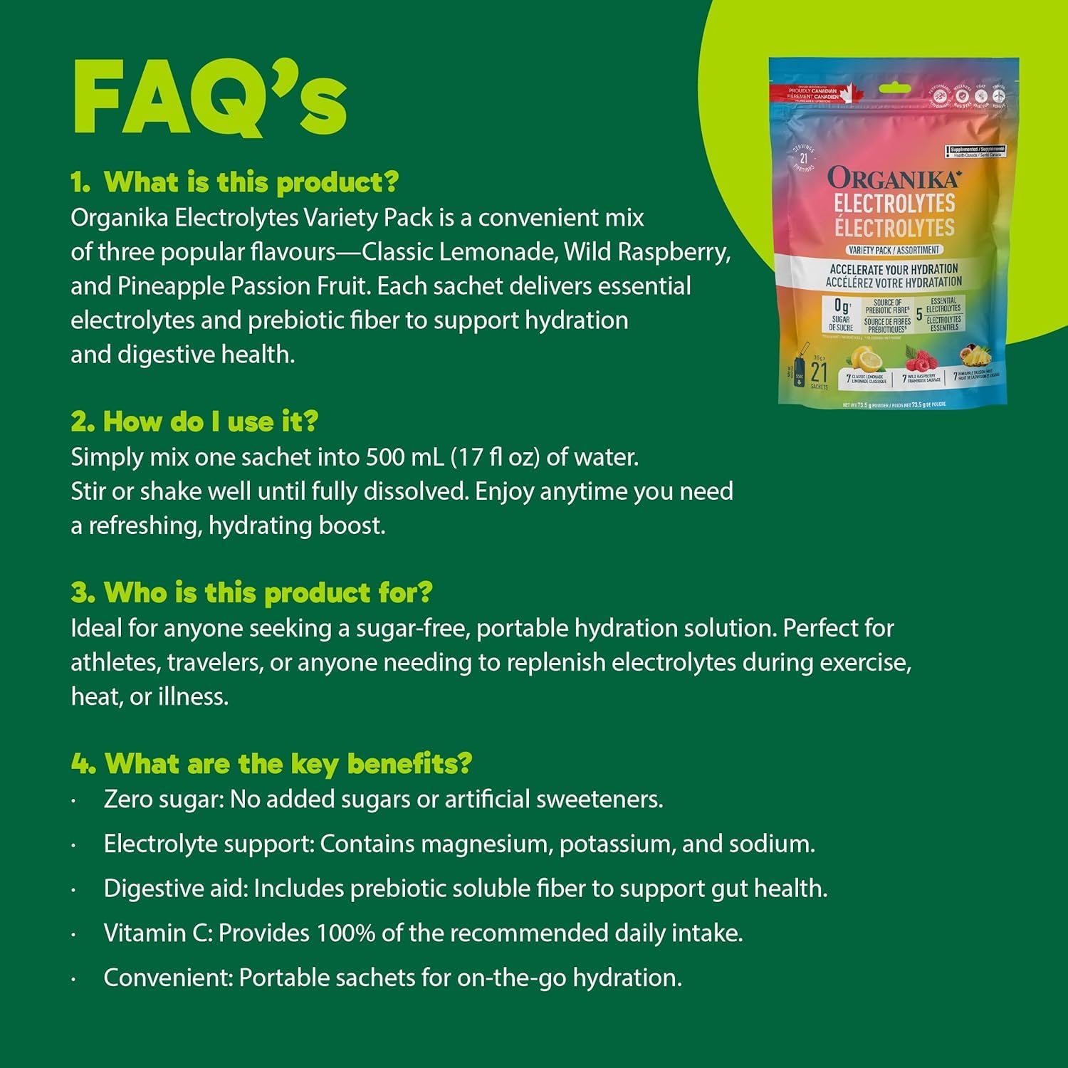 Organika Electrolytes Variety Pack - Sugar Free, Vitamin C - 45 Sachets FAQ