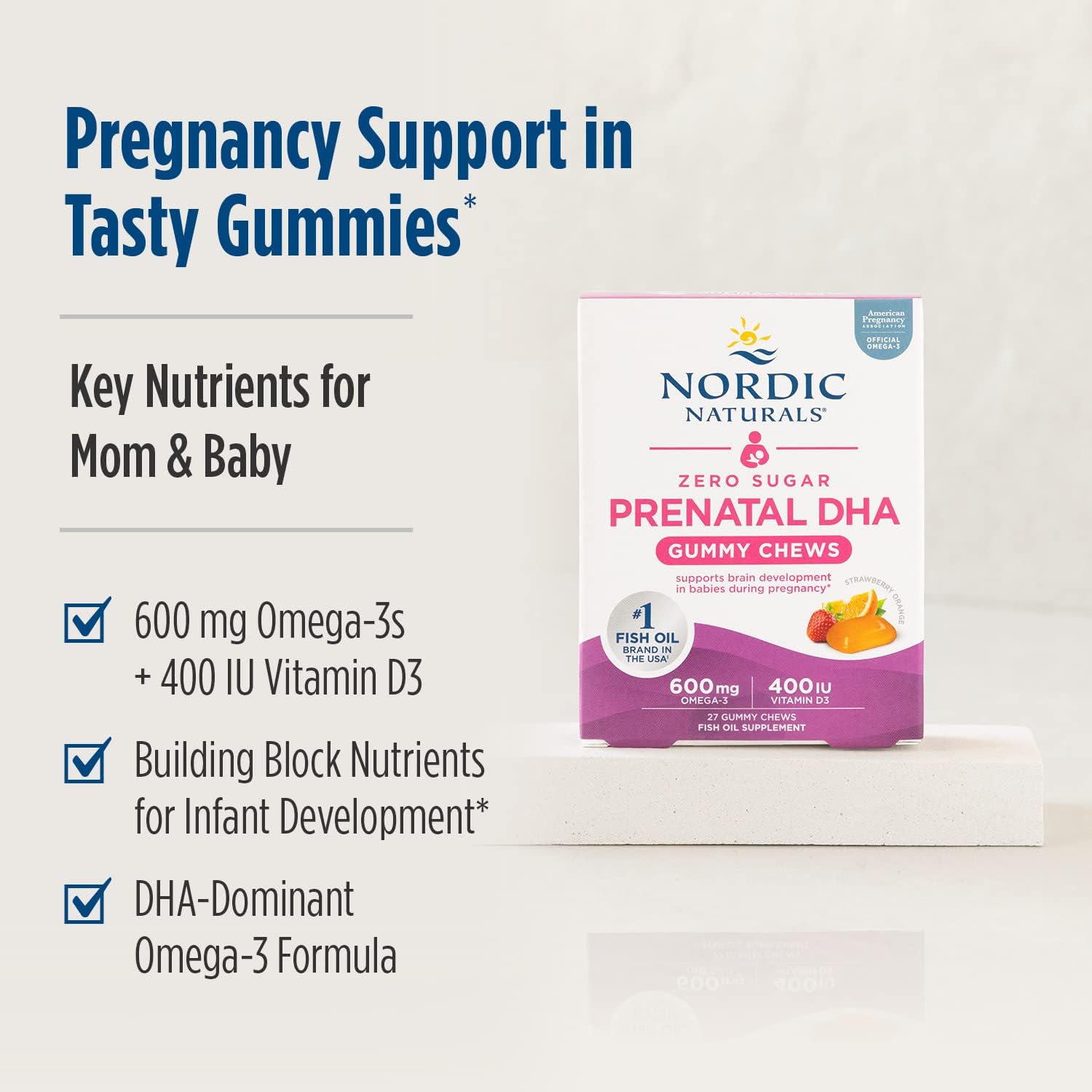 Nordic Naturals Zero Sugar Prenatal DHA Gummies box, 27 strawberry orange.