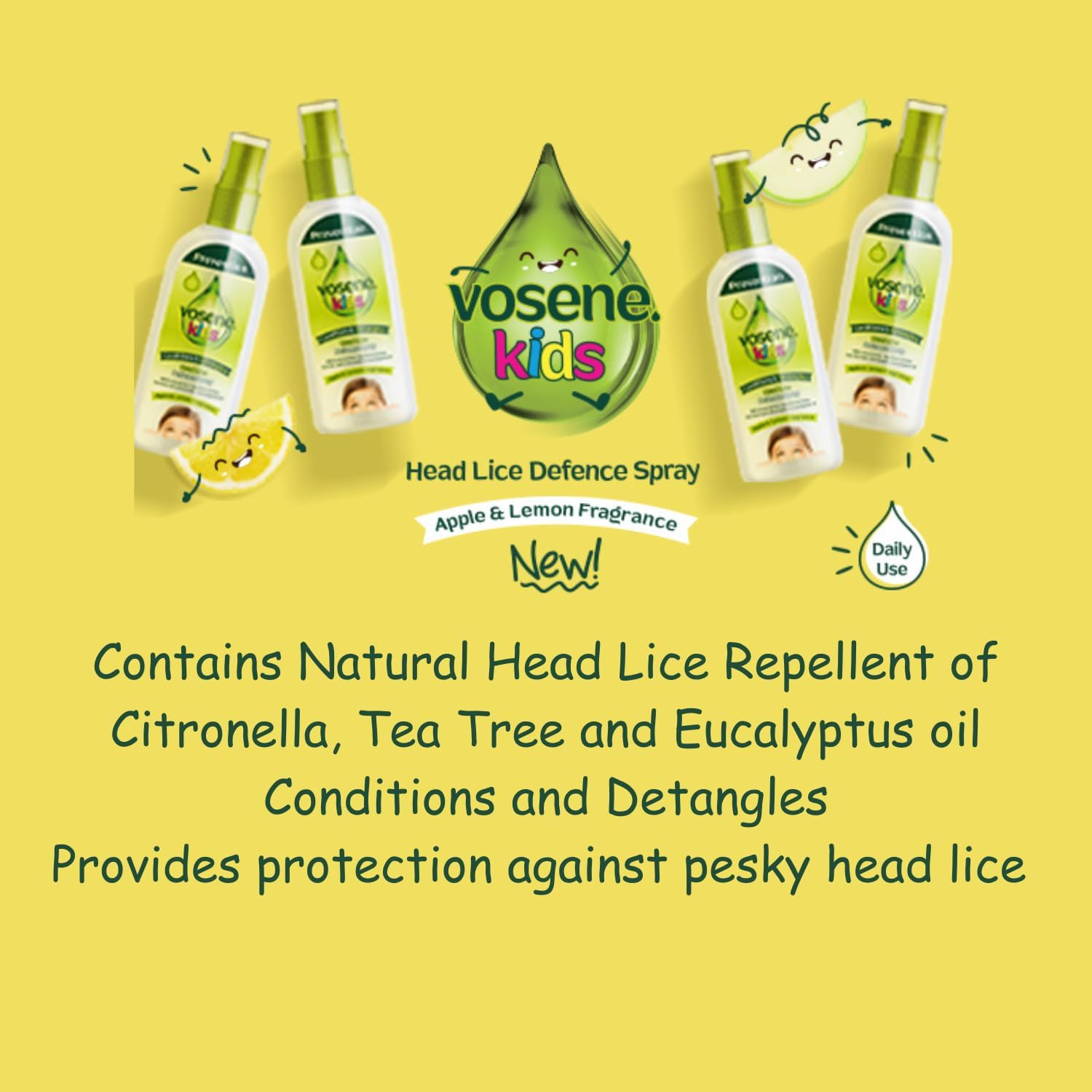 Vosene Kids Head Lice Defence Spray, spray bottle packaging, Apple & Lemon fragrance, 150ml, ingredients information