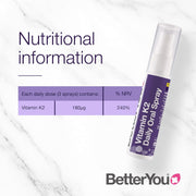 Nutritional information, ingredients and directions for BetterYou K2 Spray.