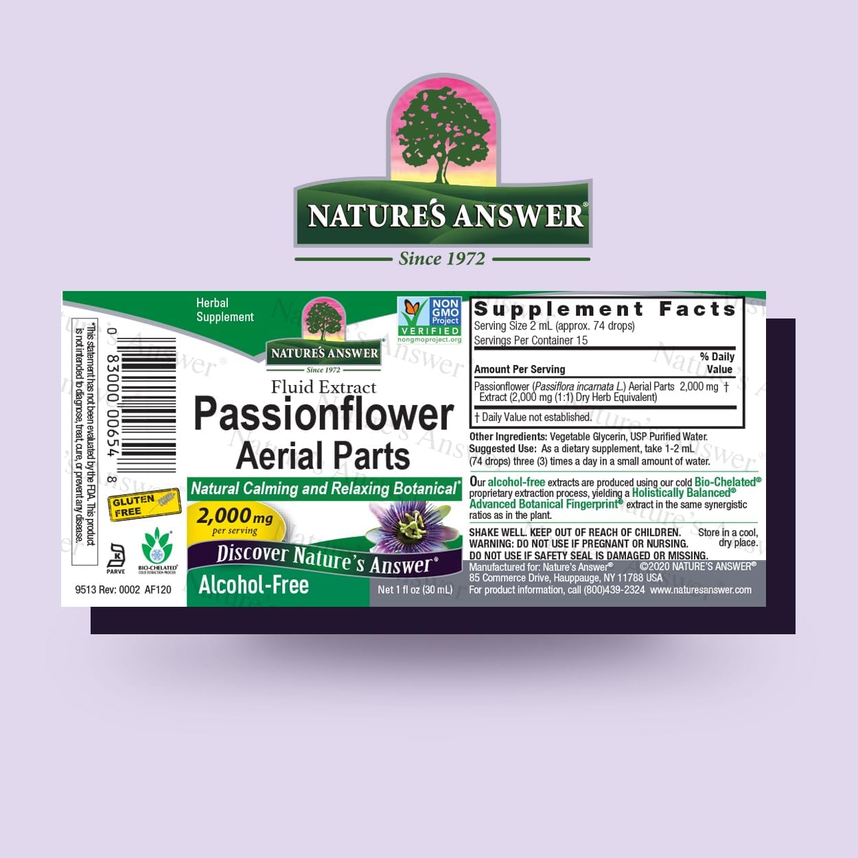 Natures Answer Passionflower supplement label on a light purple background