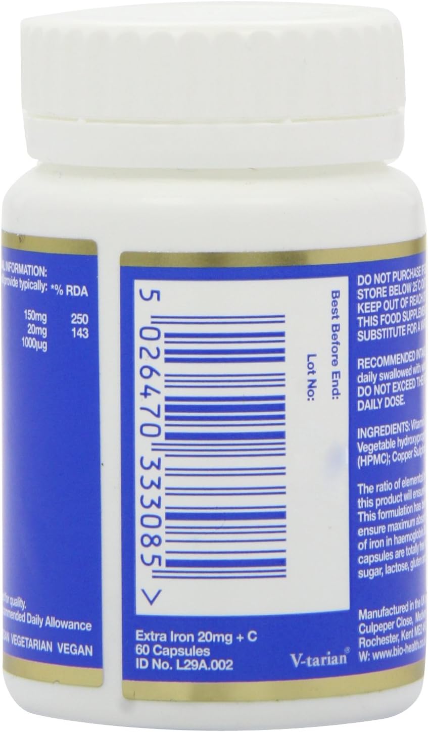Bio-Health Extra Iron and Vitamin C capsules bottle barcode 60 capsules