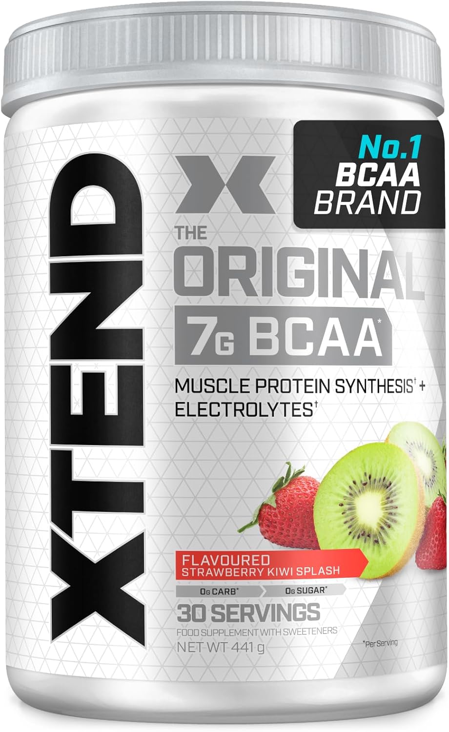 Front image: XTEND Original BCAA Powder Strawberry Kiwi tub powder 441g 30 servings