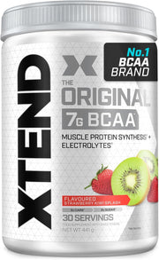 Front image: XTEND Original BCAA Powder Strawberry Kiwi tub powder 441g 30 servings