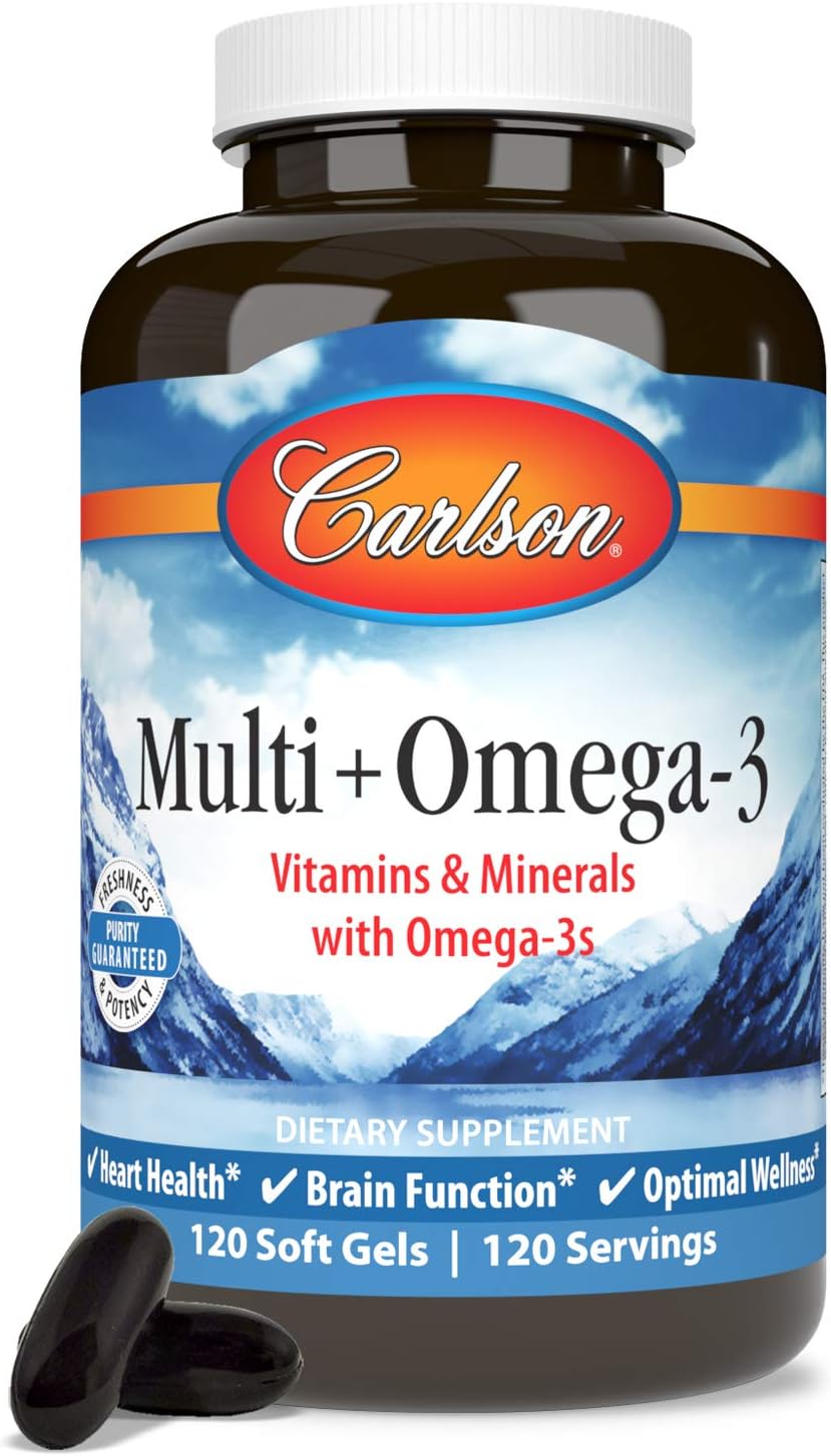 Front image: Carlson Multi Omega 3 softgels vitamins minerals fish oil bottle 120 count