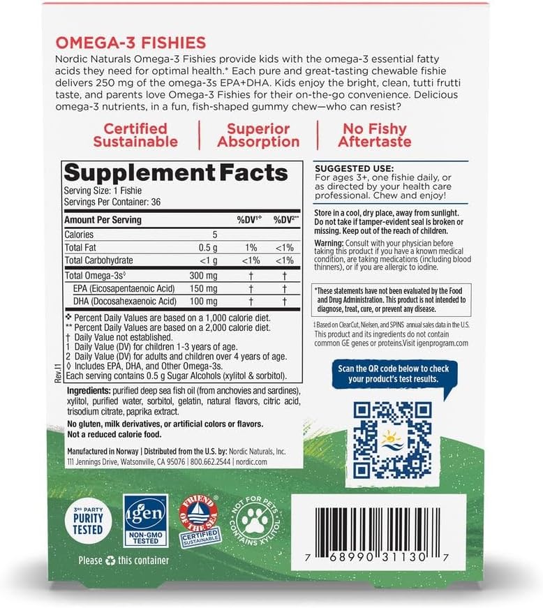 Packaging showing supplement facts for children's omega-3 chewable fish.