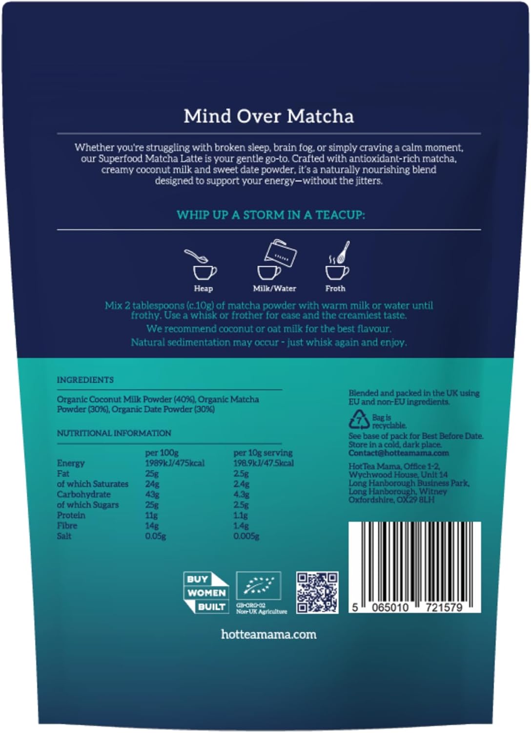 Supplement Facts Image: Hottea Mama matcha coconut date barcode & ingredients 200g packaging
