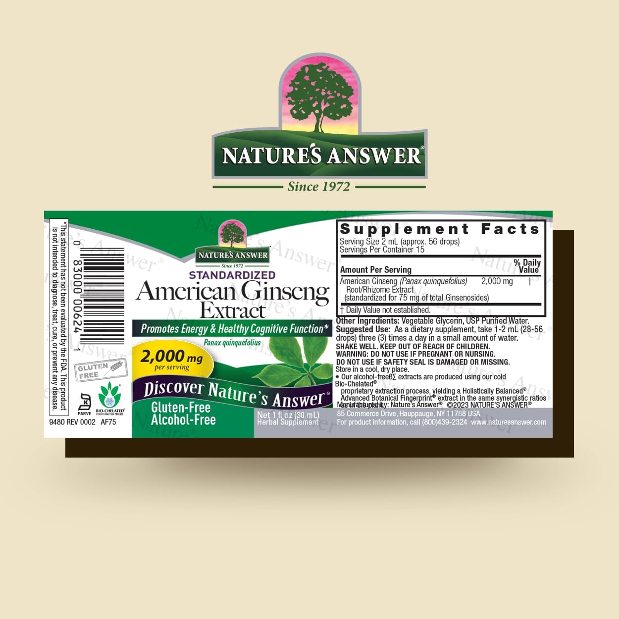 Nature's Answer American Ginseng Extract supplement label on a beige background