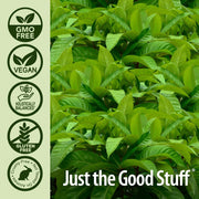 Green leaves with certification icons and 'Just the Good Stuff' branding on a green background