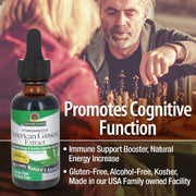 Bottle of American Ginseng Extract with promotional text overlay on a blurred chess game background