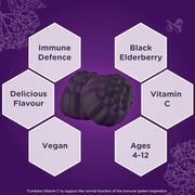 Black elderberry with health benefits listed on a purple background