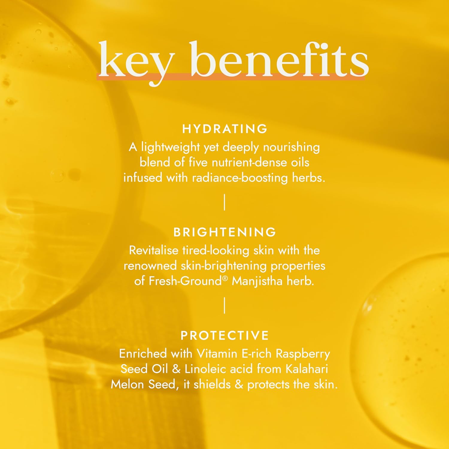 Key benefits of a skincare product on a yellow background