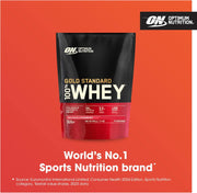 Optimum Nutrition Gold Standard 100% Whey protein package on a red background